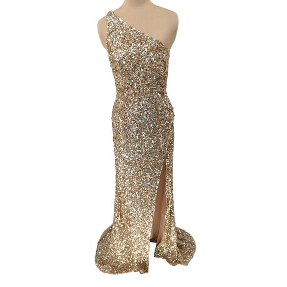 Sherri Hill Gold Sequin One-Shoulder Gown Size 8 Slit Formal Prom Dress - Picture 2 of 6